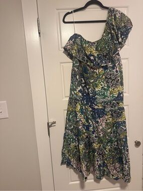 A.L.C. One-Shoulder Floral Paisley Dress in Blue & Green